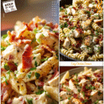 Lightened-up chicken bacon ranch pasta with fresh herbs and creamy sauce for healthy dinner ideas.